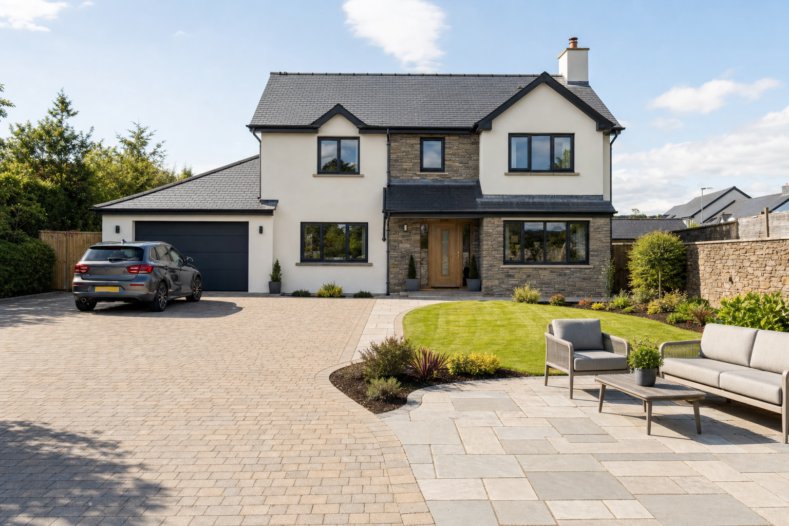 Modern two-storey house with a stone facade, driveway, parked car, and outdoor seating area in the garden.
