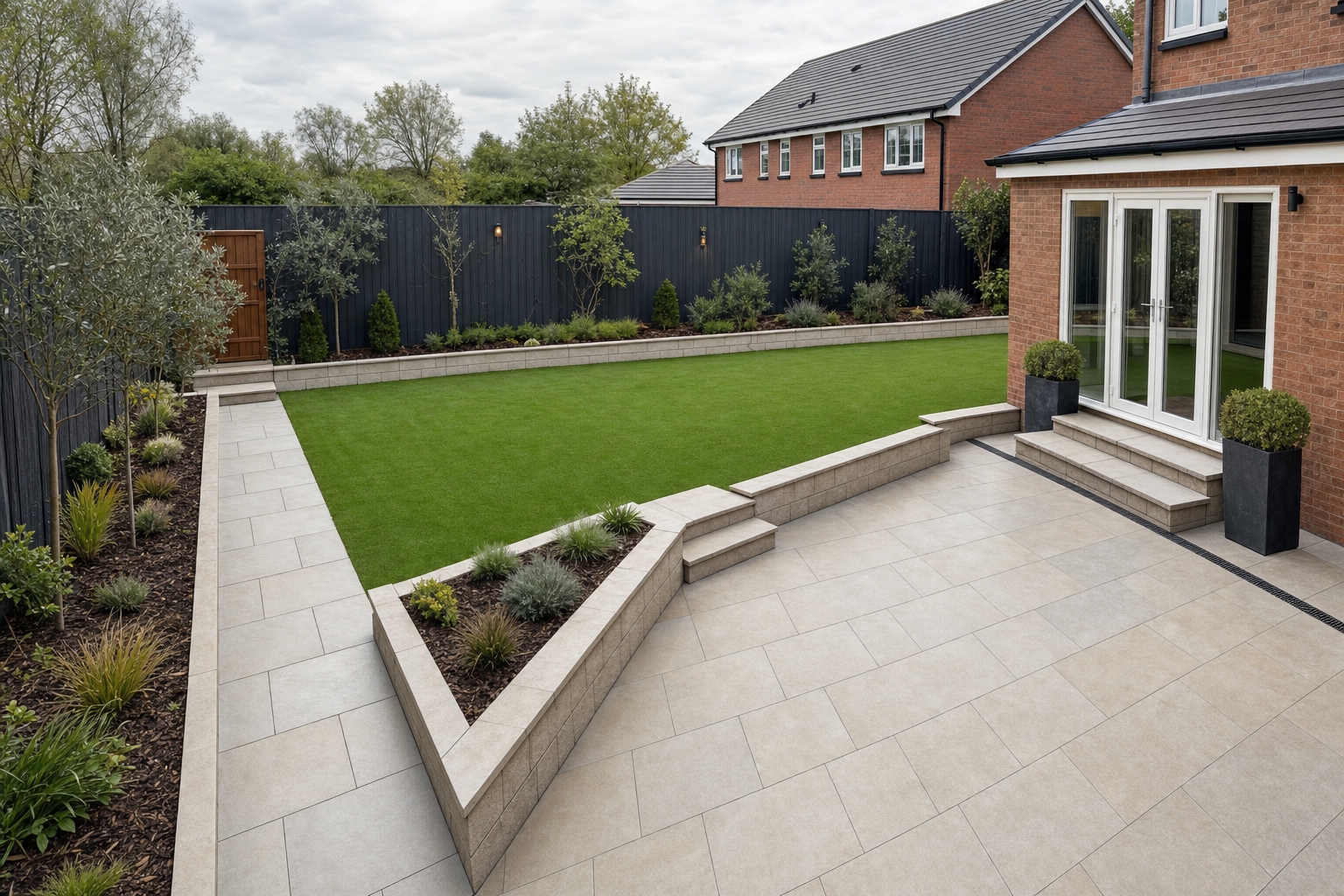 Modern garden with a neatly landscaped lawn, paving stones, and a red-brick house with large glass doors.