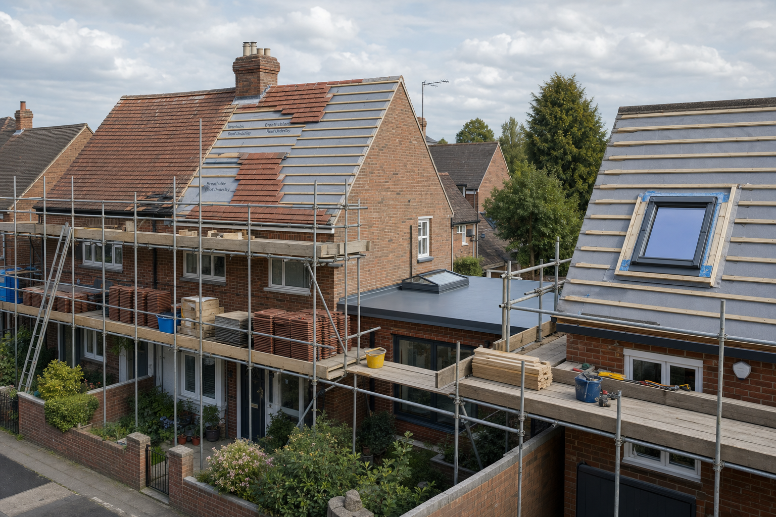 Scaffolding and construction materials on a brick house undergoing roof repairs under a cloudy sky.