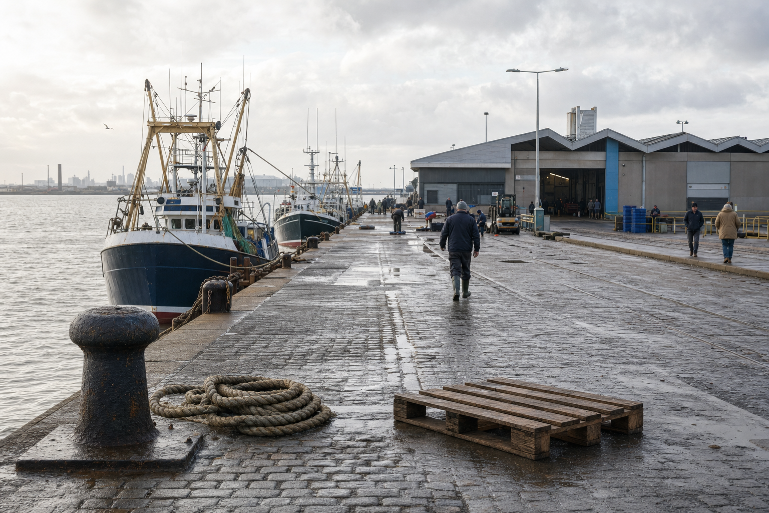 Fishermen walking along a wet harbour with moored fishing boats and industrial buildings in the background.