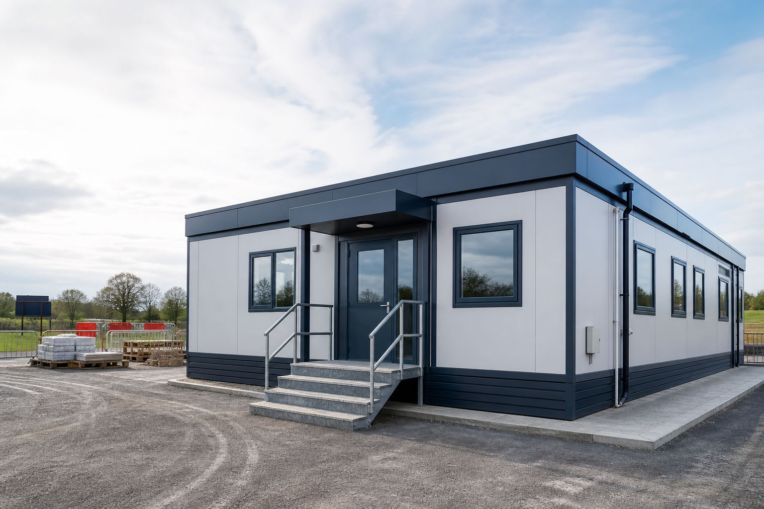 A modern, temporary building with grey and blue accents stands on a construction-site under a partly cloudy sky.