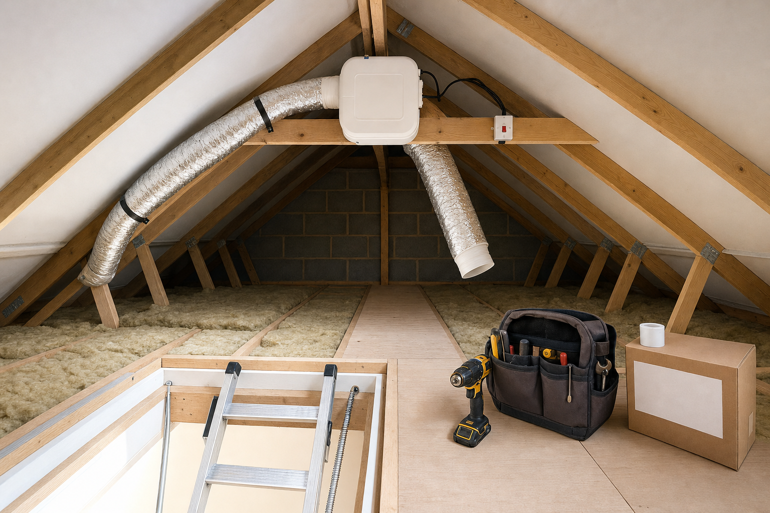 A loft with exposed wooden beams, insulation, a ventilation system, and tools including a drill and tool bag.