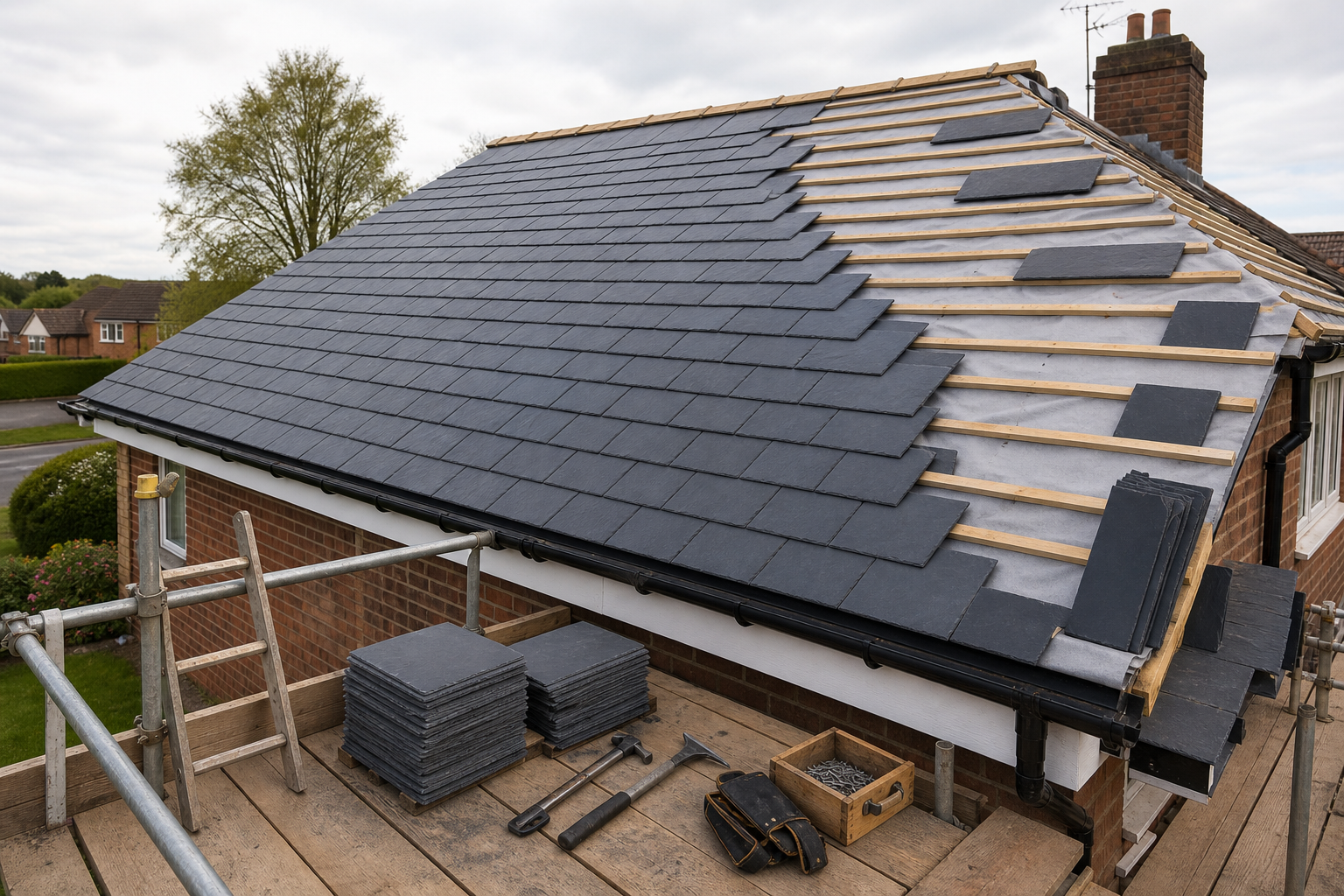 Partially completed slate roof with tools and materials on scaffolding.