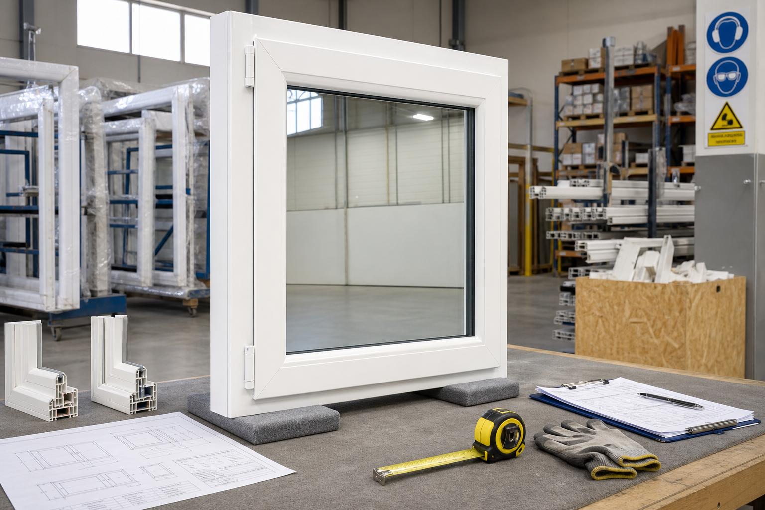 A white window frame stands on a workbench in a factory setting with measuring tools and design plans nearby.