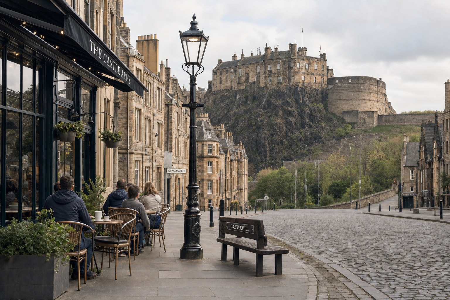 People sit outside a café on a cobbled street, with a historic castle in the background.