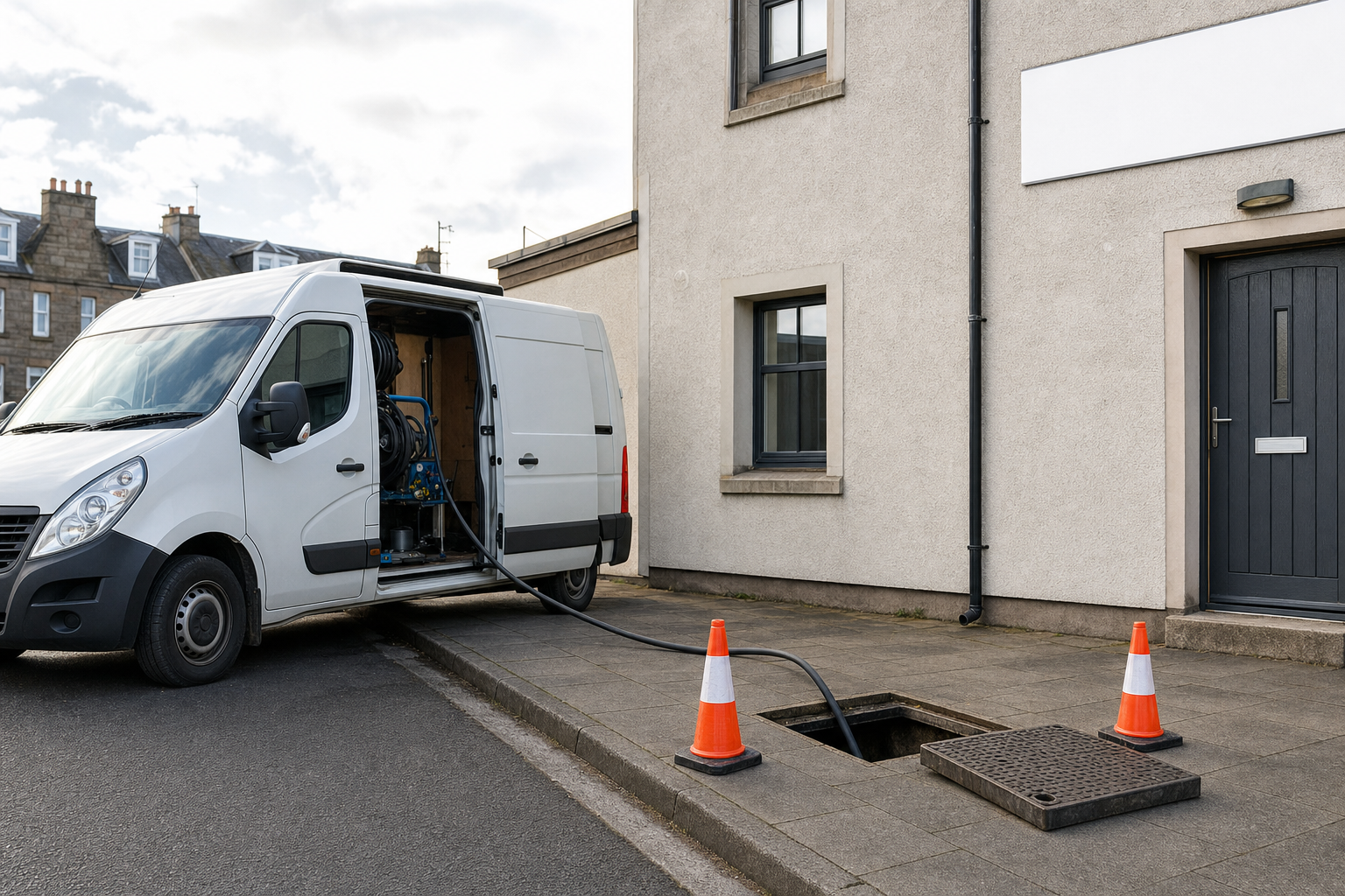 A white service van parked next to a building, with a hose running from the van into an open manhole.