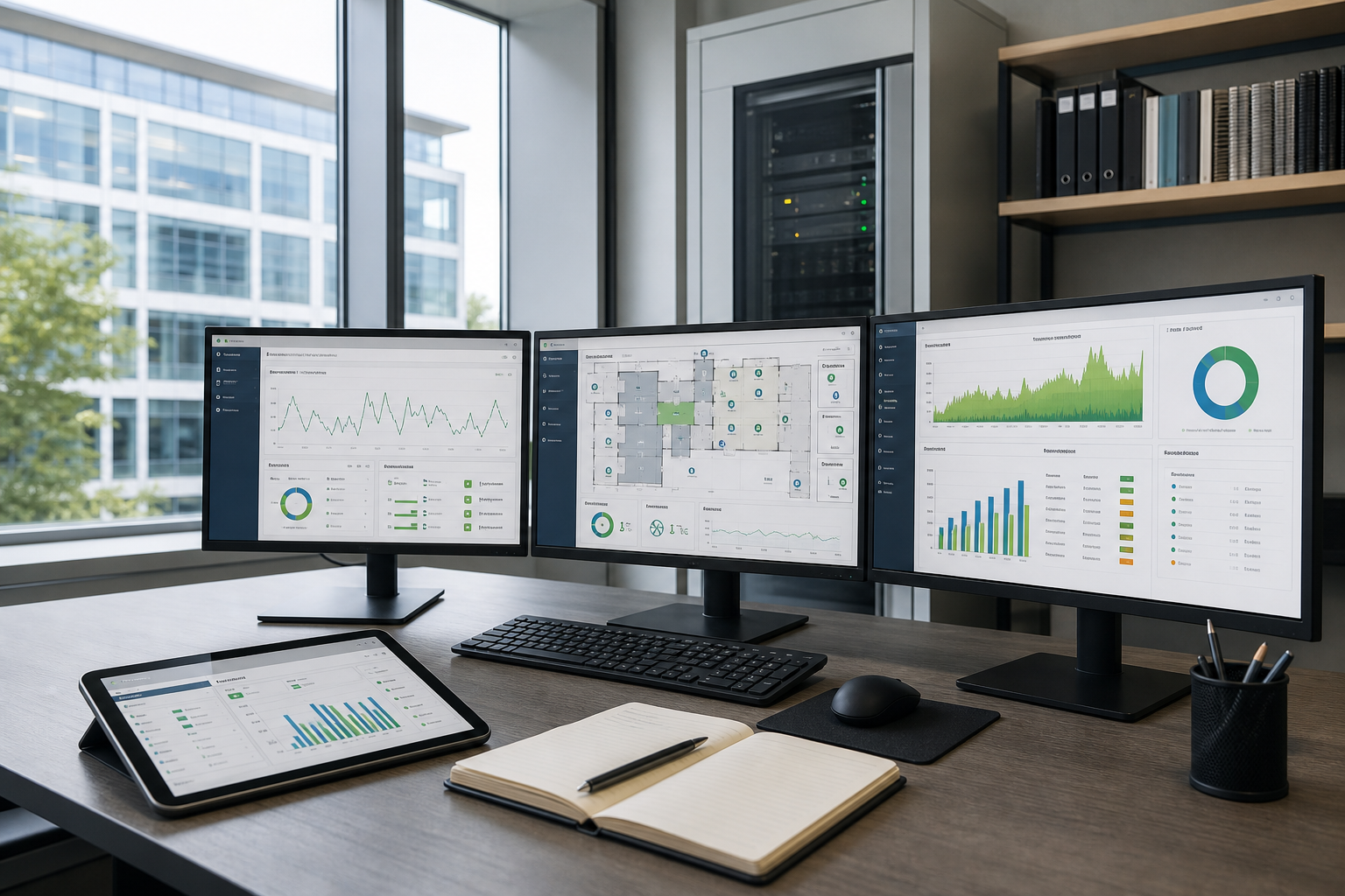 Three monitors and a tablet display graphs and charts in a modern office setting.