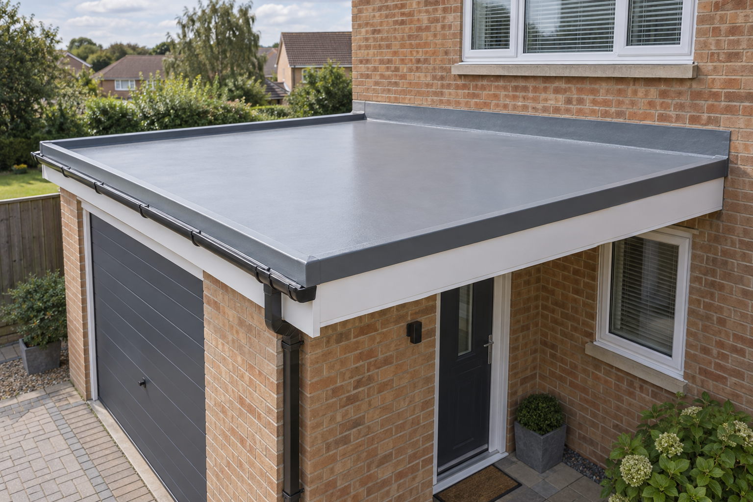 Wh roofing grey flat roof installation beside exterior wall