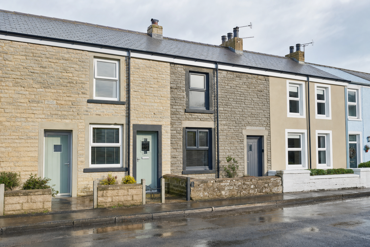 Row of terraced houses with stone and painted facades on a wet street.