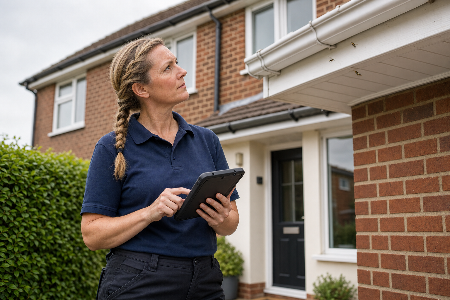 A woman holding a tablet inspects a house's gutter with wasps around it.