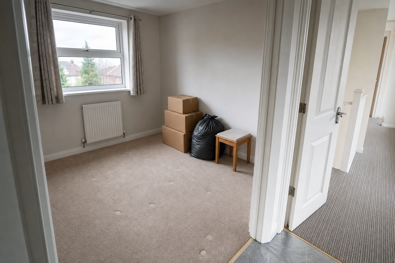 An empty room with three cardboard boxes, a black bag, and a small stool by the window.
