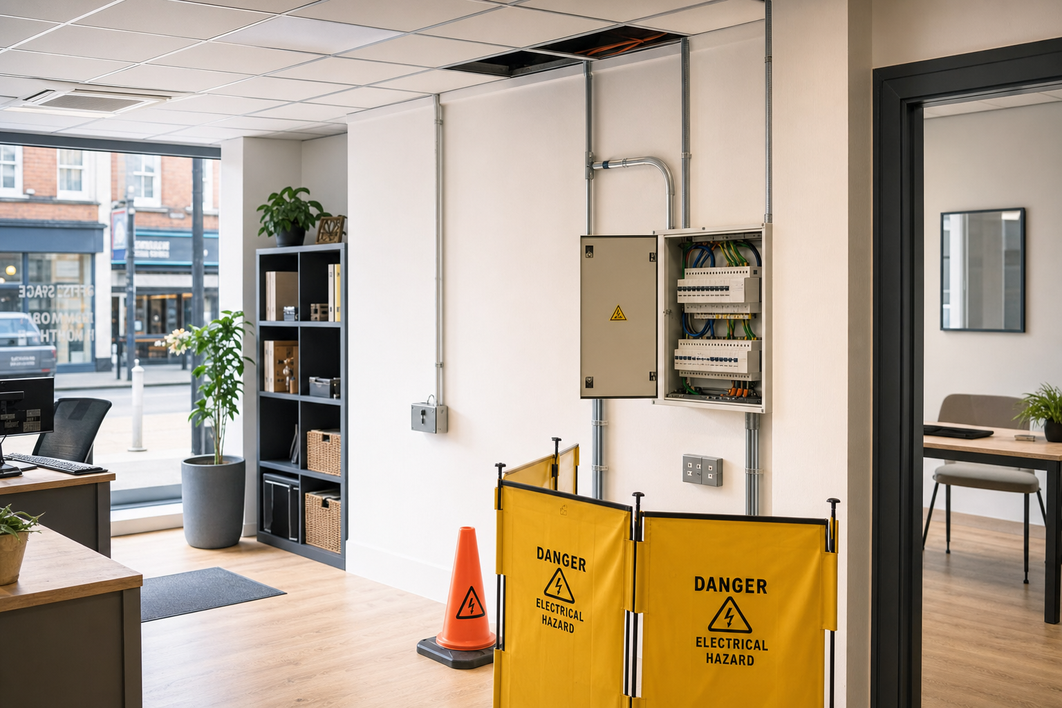 Electrical panel with open wiring in an office, marked off with safety barriers warning of electrical hazards.