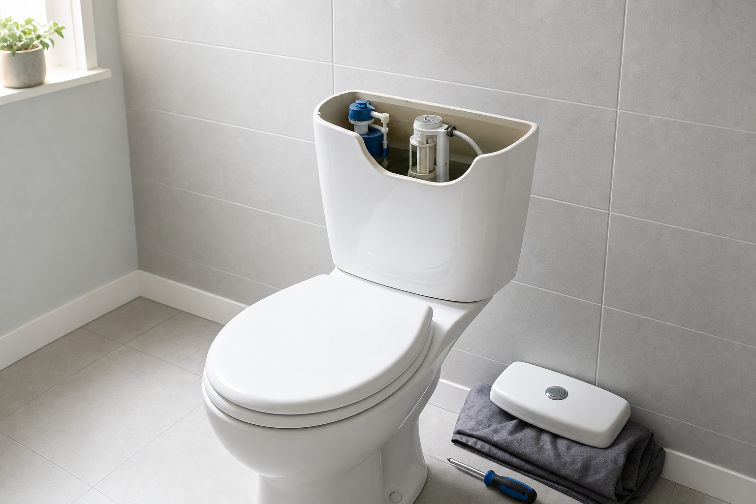A toilet with an exposed cistern showing internal components, next to a removed lid, towel, and screwdriver on the floor.