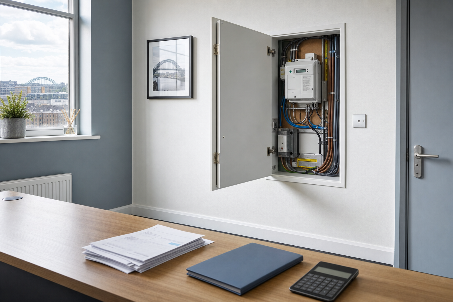 Open electrical panel in a modern office with a view of a city bridge through the window.