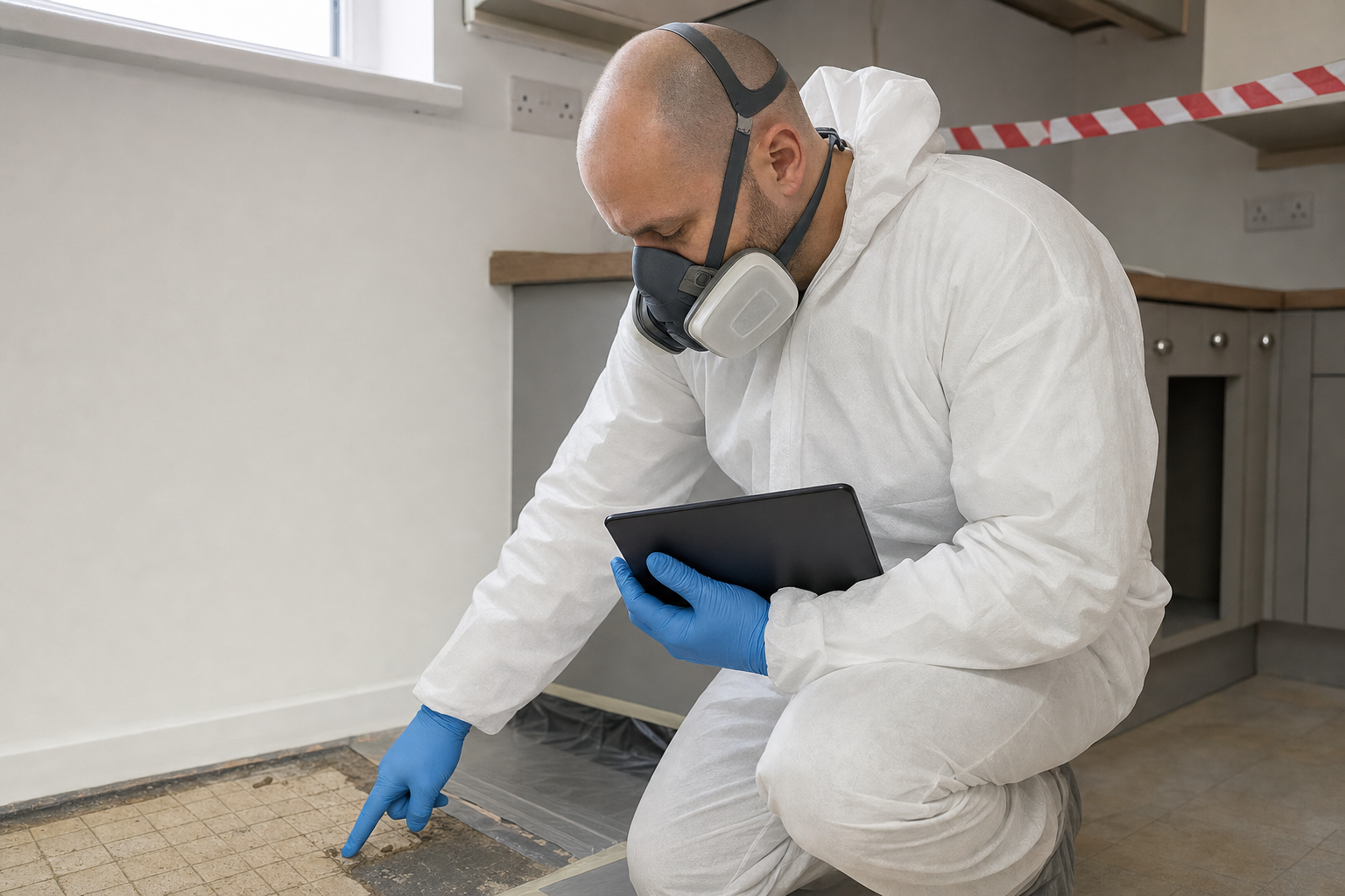 Person in protective gear examines flooring for potential asbestos with a tablet in hand.