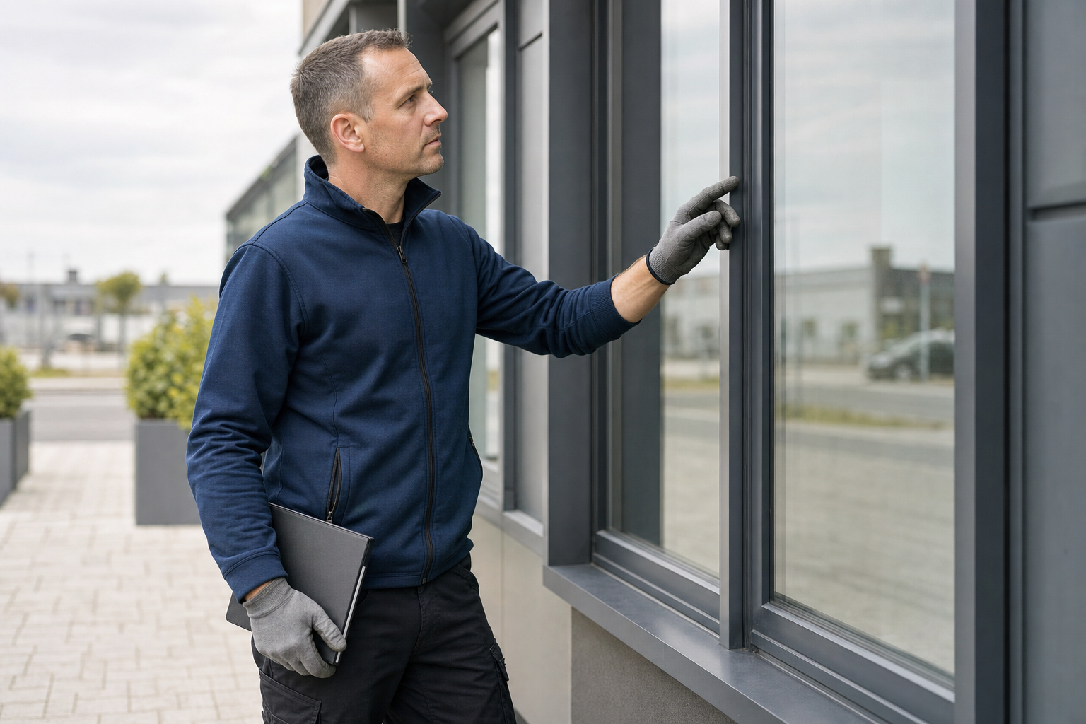 Man in a blue jacket and gloves inspecting a window of a modern building while holding a tablet.