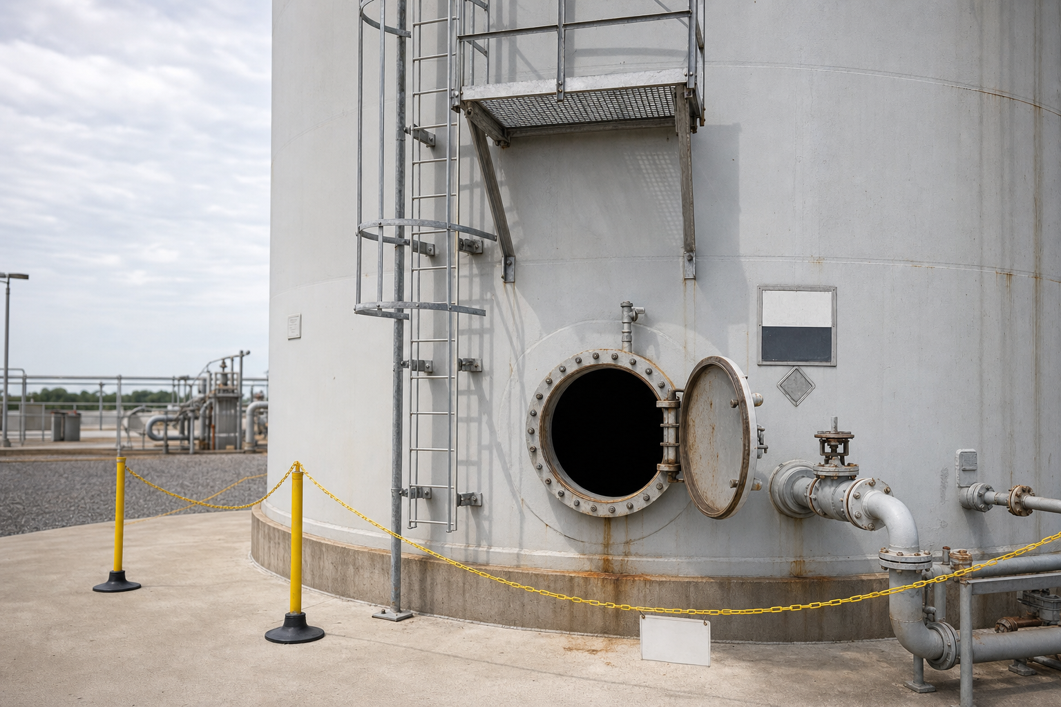 Open industrial tank access with ladder and surrounding safety barriers on a concrete surface.