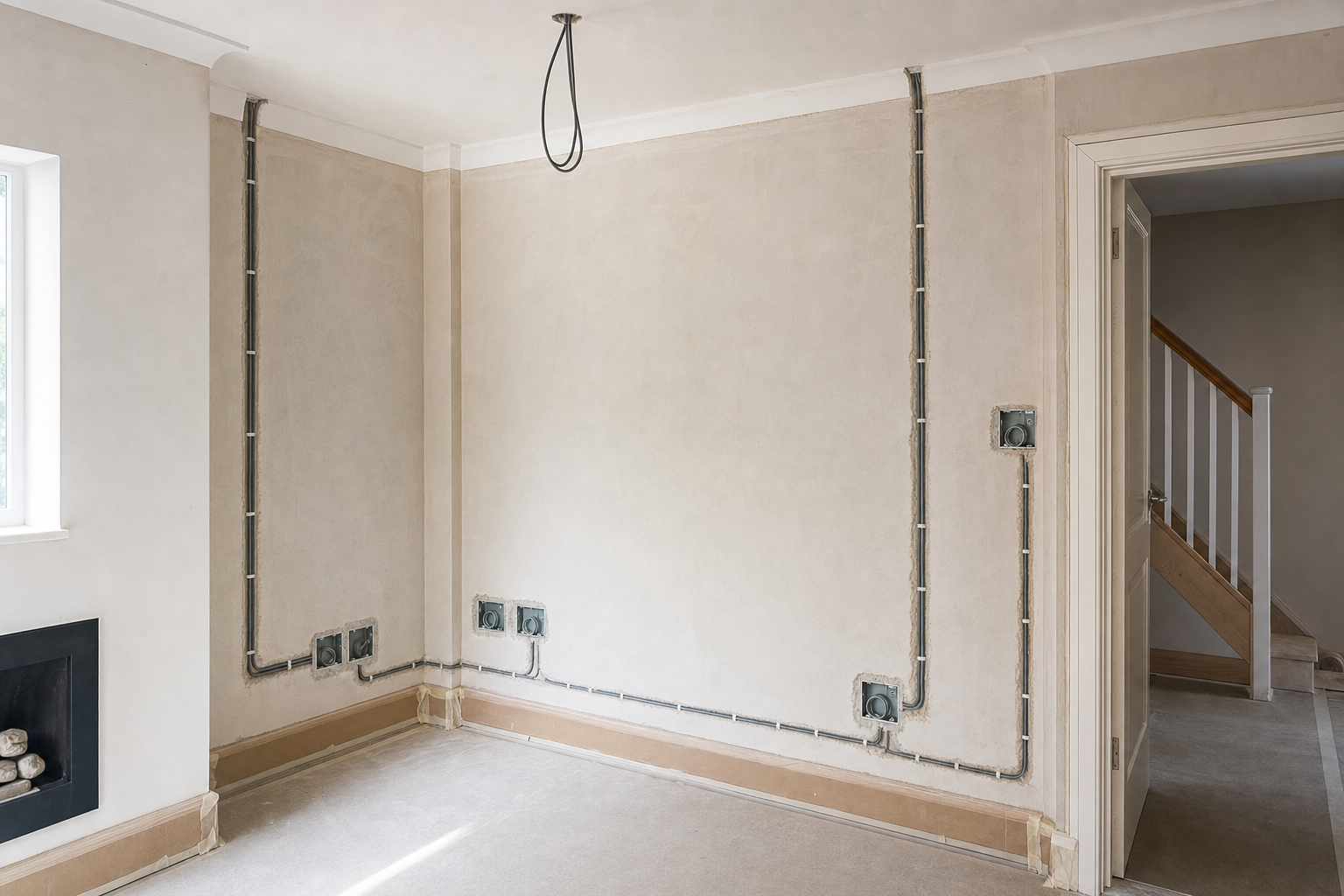 Under-construction room with exposed electrical wiring on plastered walls and a staircase visible through an open door.