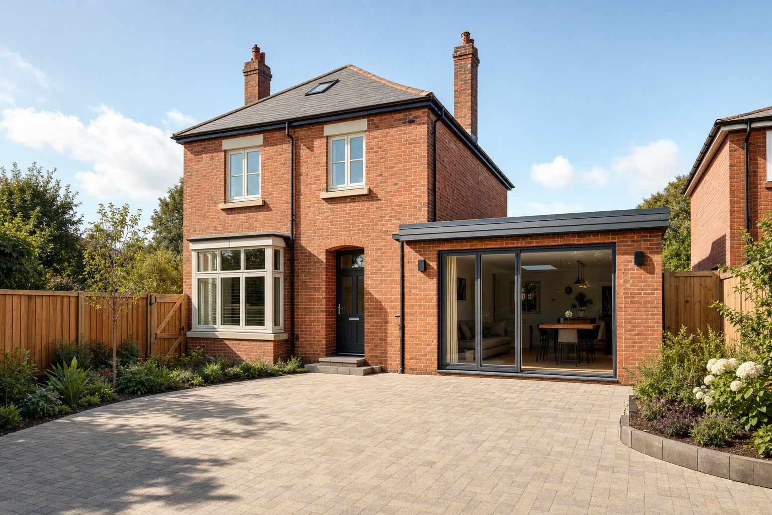 Modern redbrick detached house with a spacious paved driveway and a glass extension overlooking a garden.