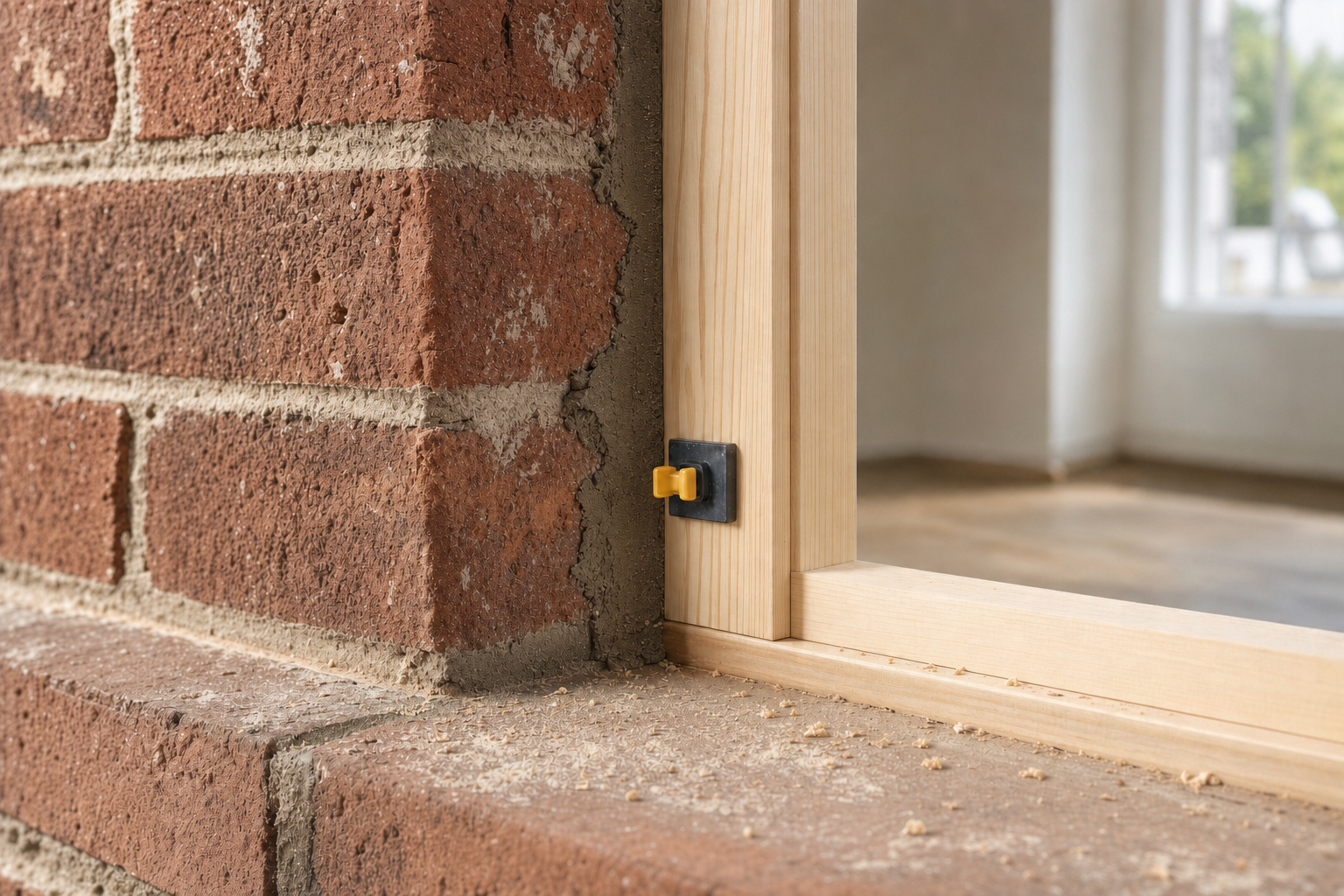 Close-up of a red brick wall meeting a wooden window frame with a brass adjustment mechanism visible.
