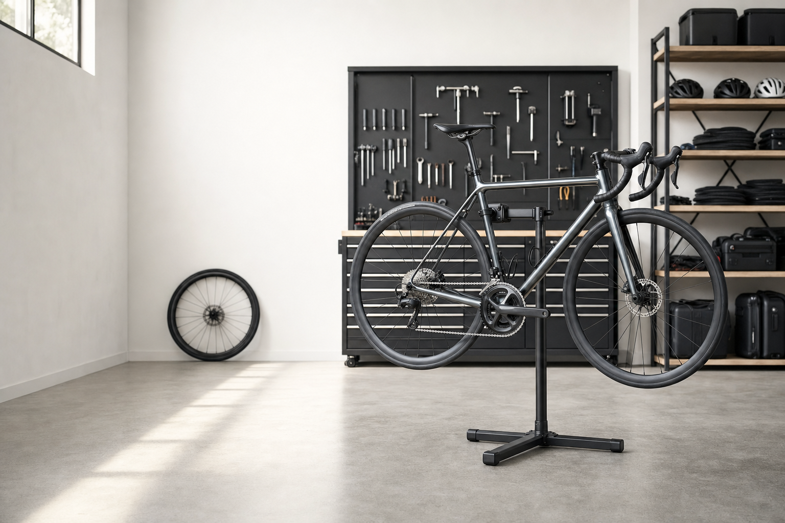 A sleek bicycle on a stand in a modern workshop with tools organised on the wall.