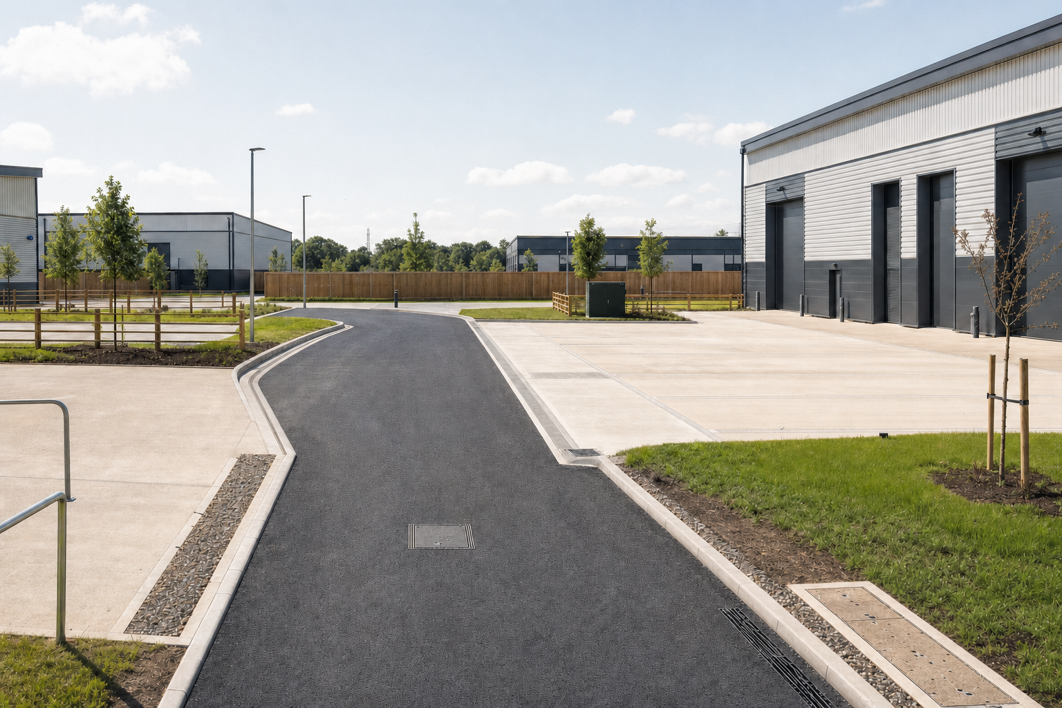 Modern industrial estate with new warehouses, paved roads, and young trees under a clear blue sky.