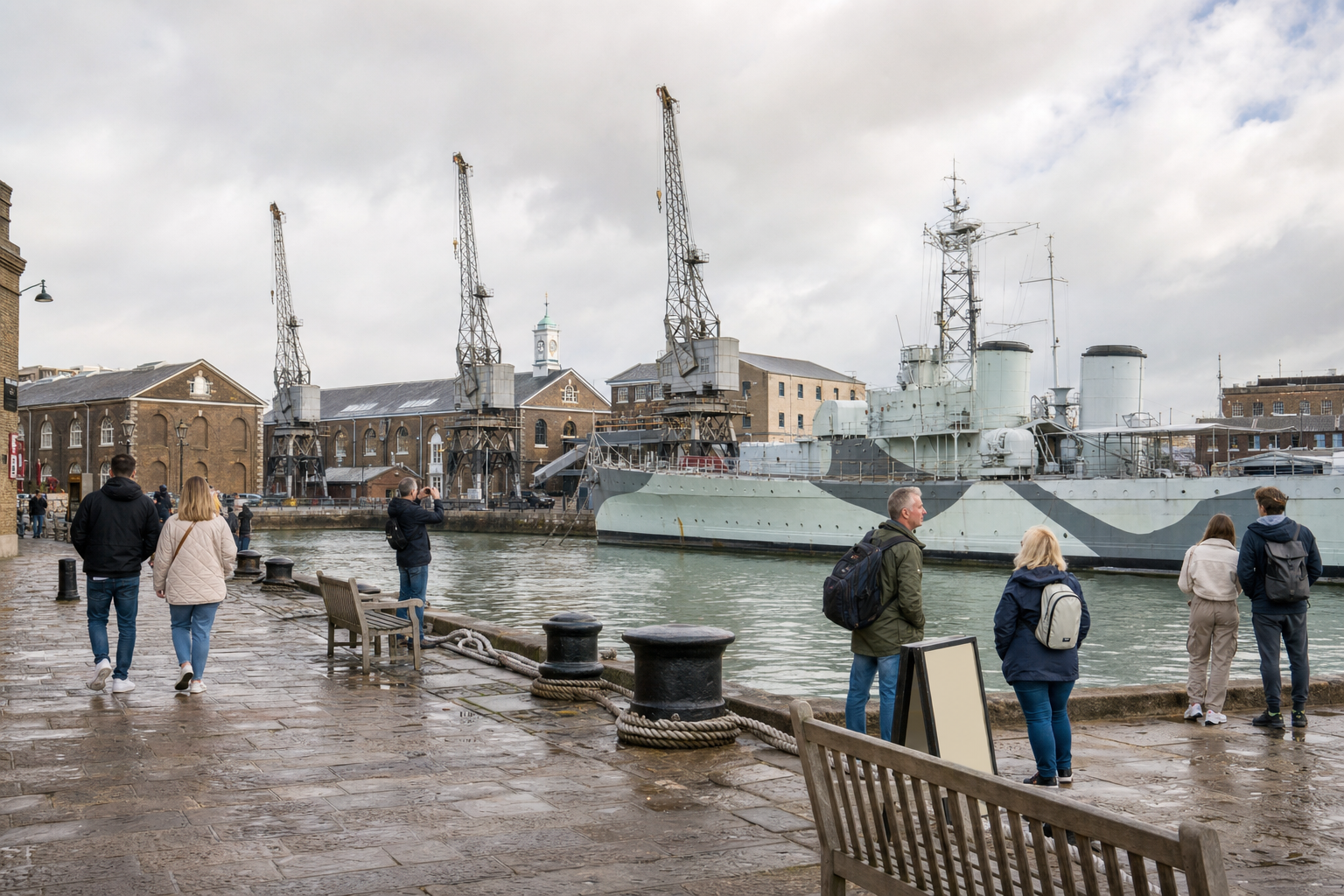 People walking along a harbour with cranes and a historic warship docked.