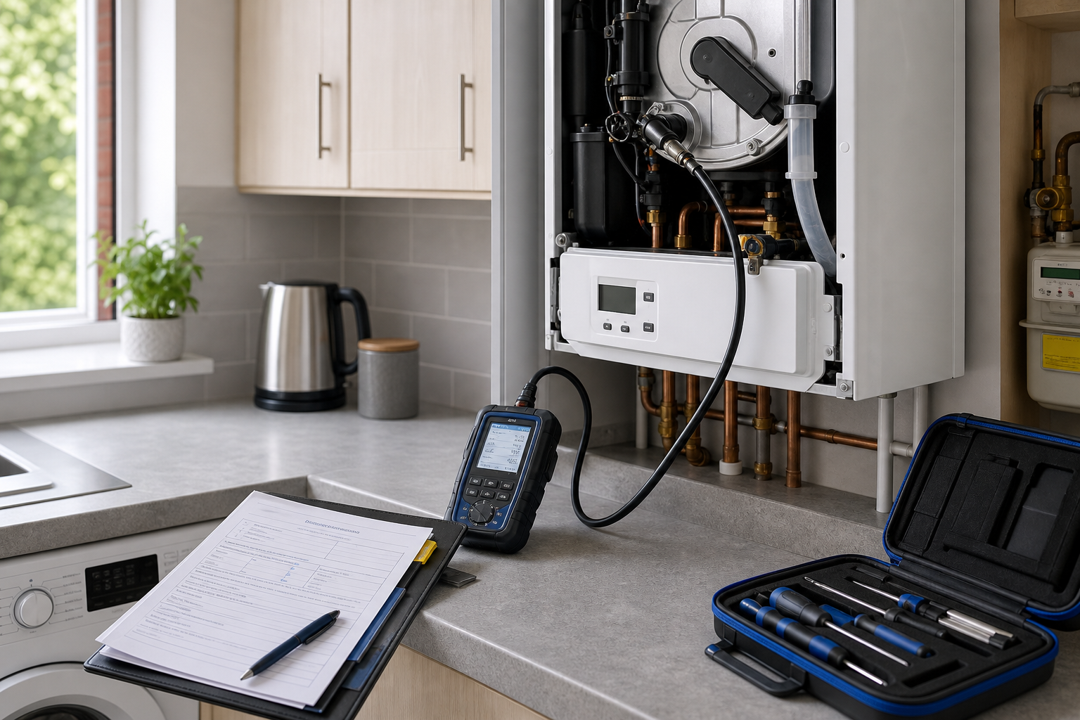 A boiler maintenance setup with tools, a clipboard, and a diagnostic device on a kitchen counter.