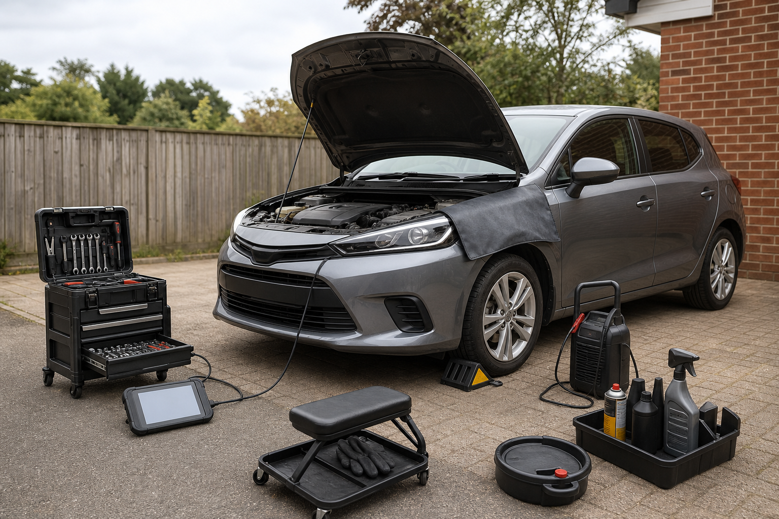 Car undergoing maintenance with tools and diagnostic equipment nearby on a driveway.