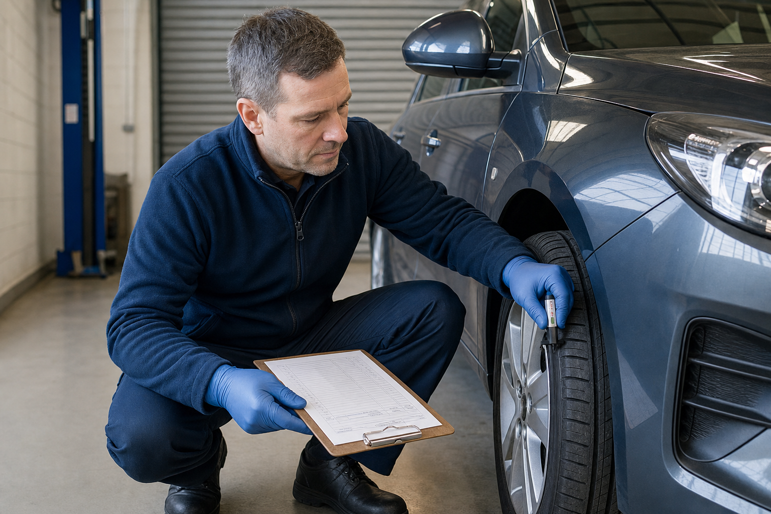 Mechanic in gloves measuring tyre tread depth with a gauge while holding a clipboard in a garage.