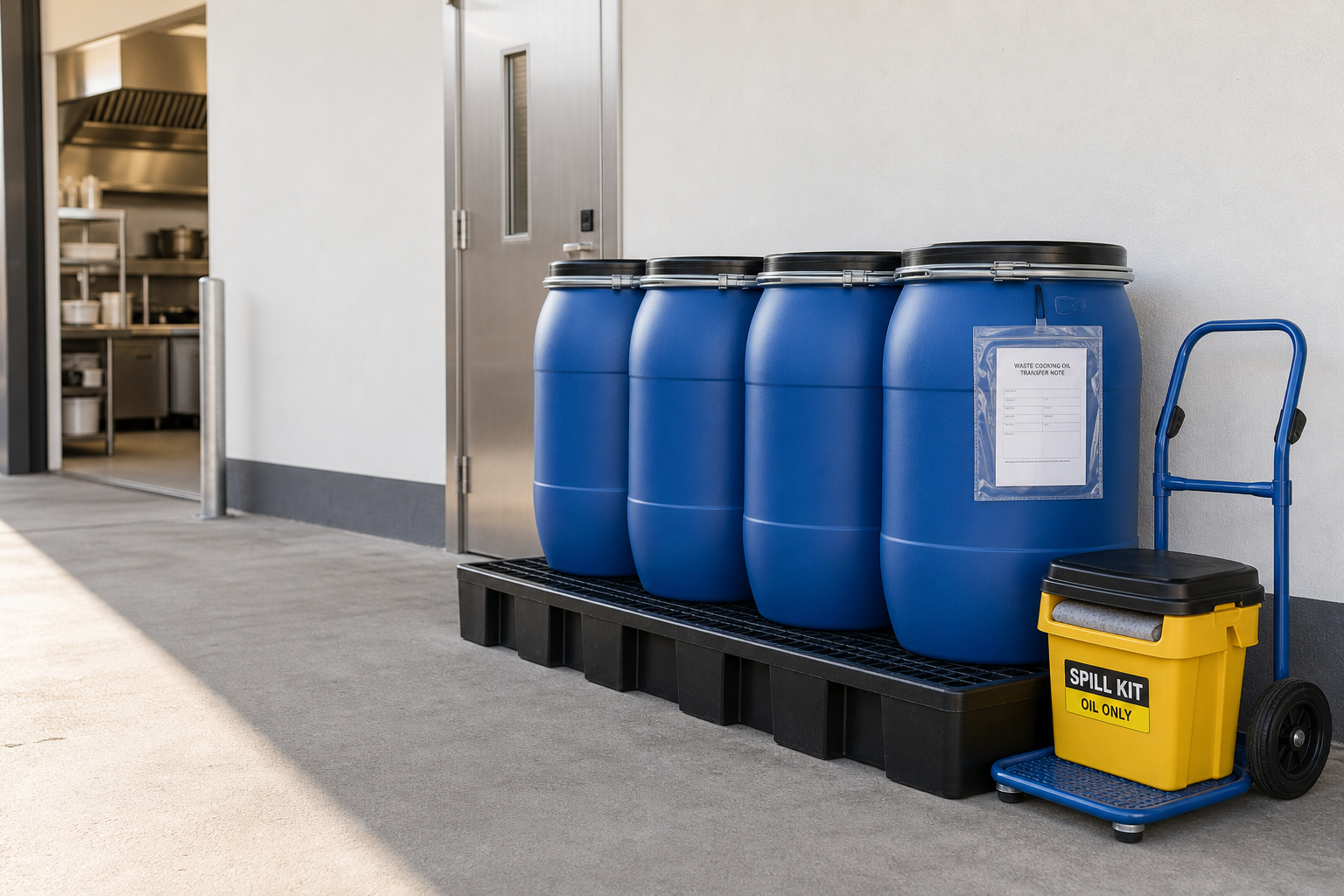 Four blue barrels for waste cooking oil and a spill kit near a commercial kitchen entrance.