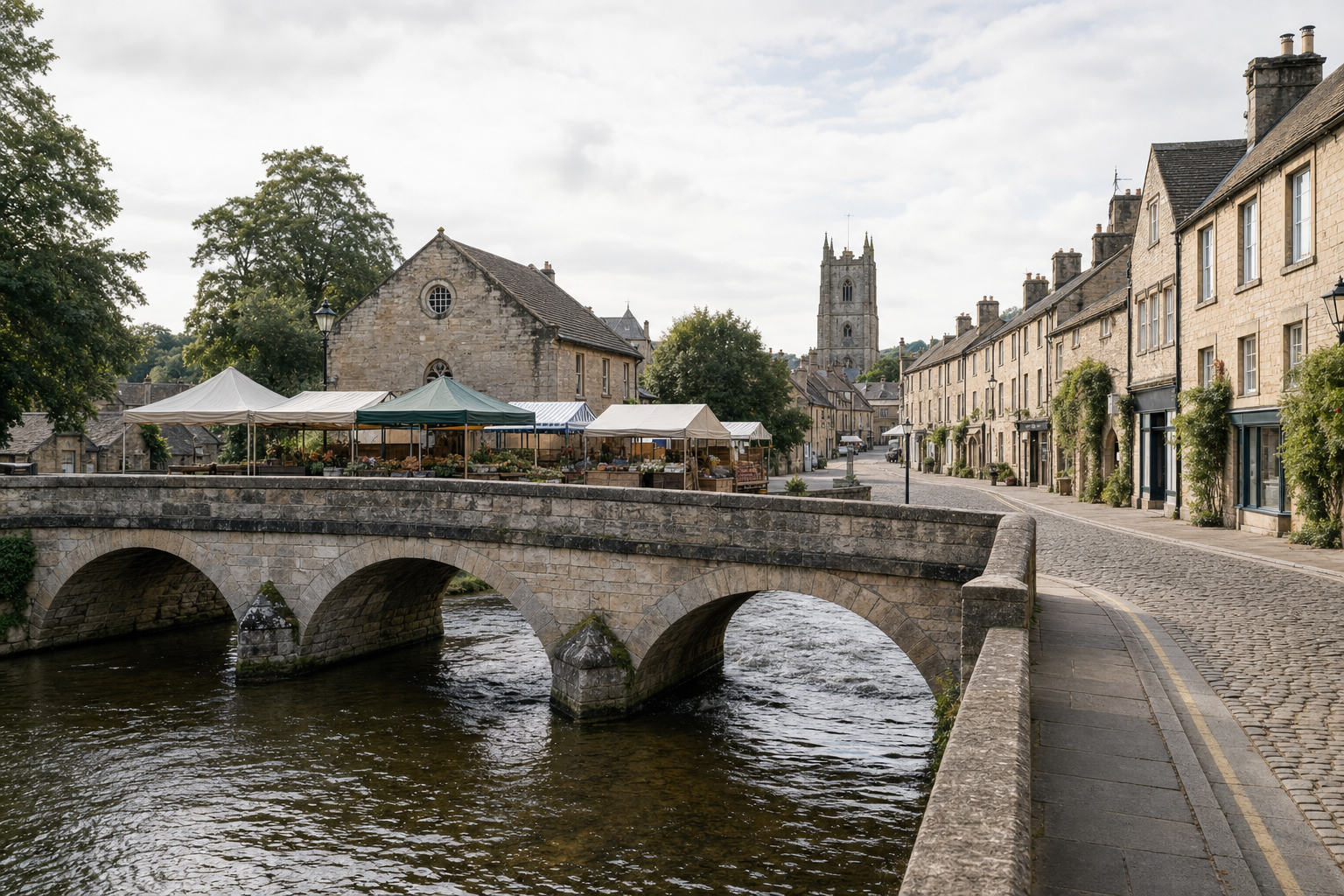 A charming stone bridge arches over a river in a picturesque English village, with market stalls and historic buildings nearby.