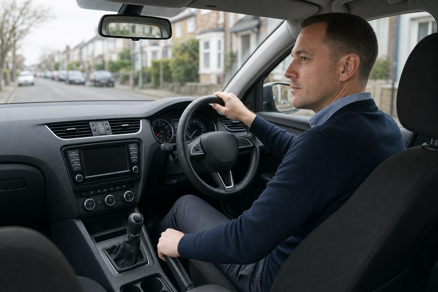 A man driving a car on a residential street, focused on the road ahead.