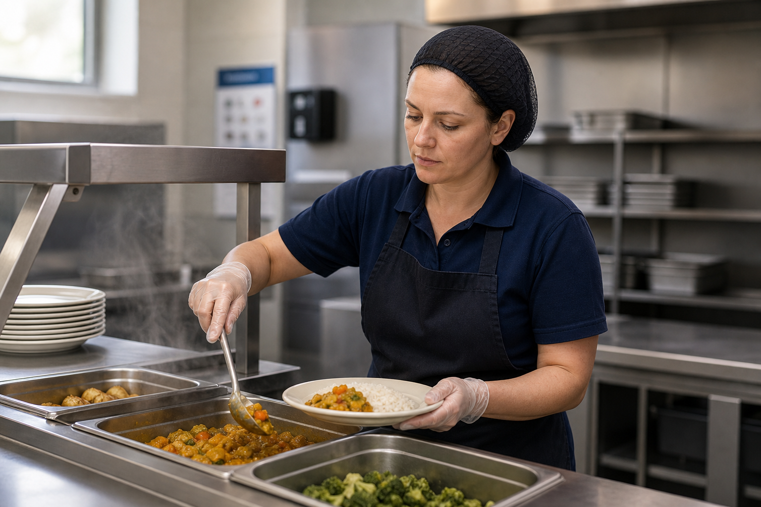 A woman in a kitchen serving a plate of food from a steaming tray while wearing a hairnet and apron.