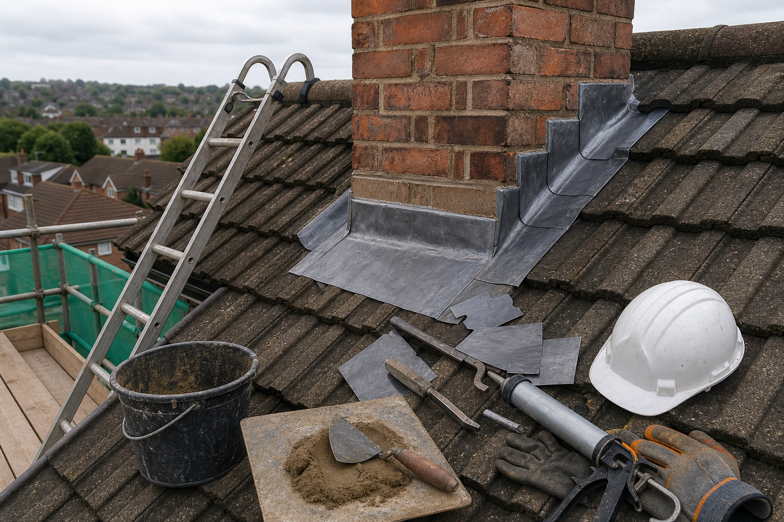 Roof under repair with tools, ladder, and supplies next to a brick chimney.