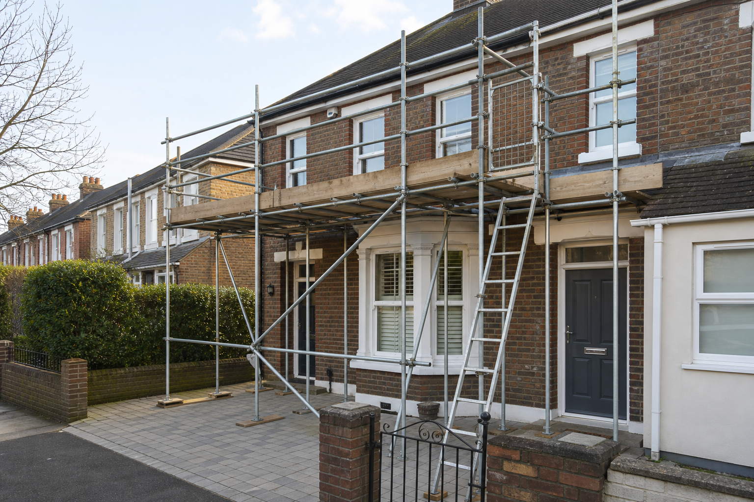 Townhouse under renovation with scaffolding in front.
