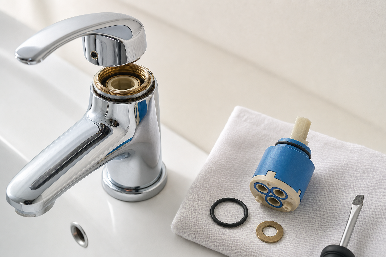 Disassembled bathroom tap with parts and a screwdriver on a white cloth for repair.
