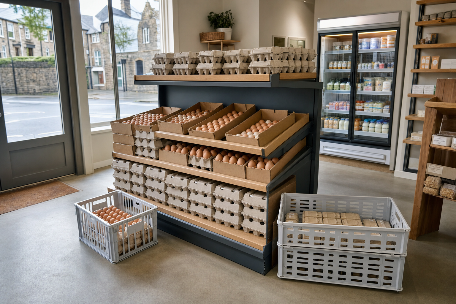 A grocery store display with stacks of eggs in cartons and trays, alongside refrigerated goods in the background.