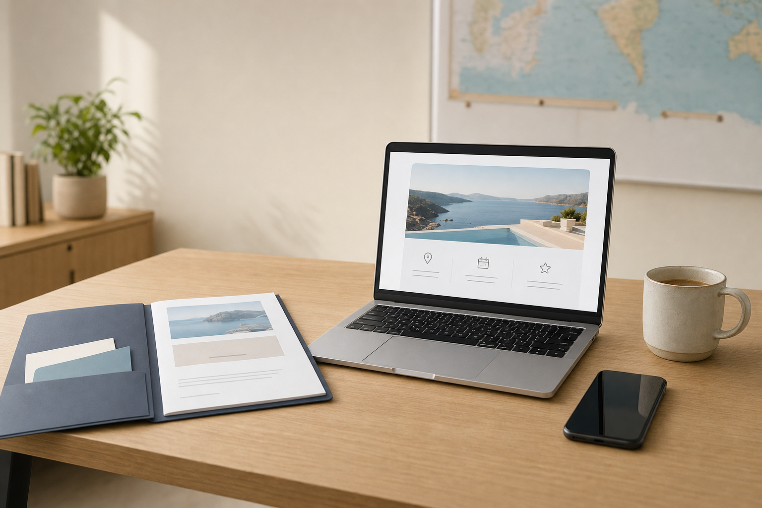 A laptop displaying a scenic ocean view beside a folder, smartphone, and mug on a wooden desk in a bright room.