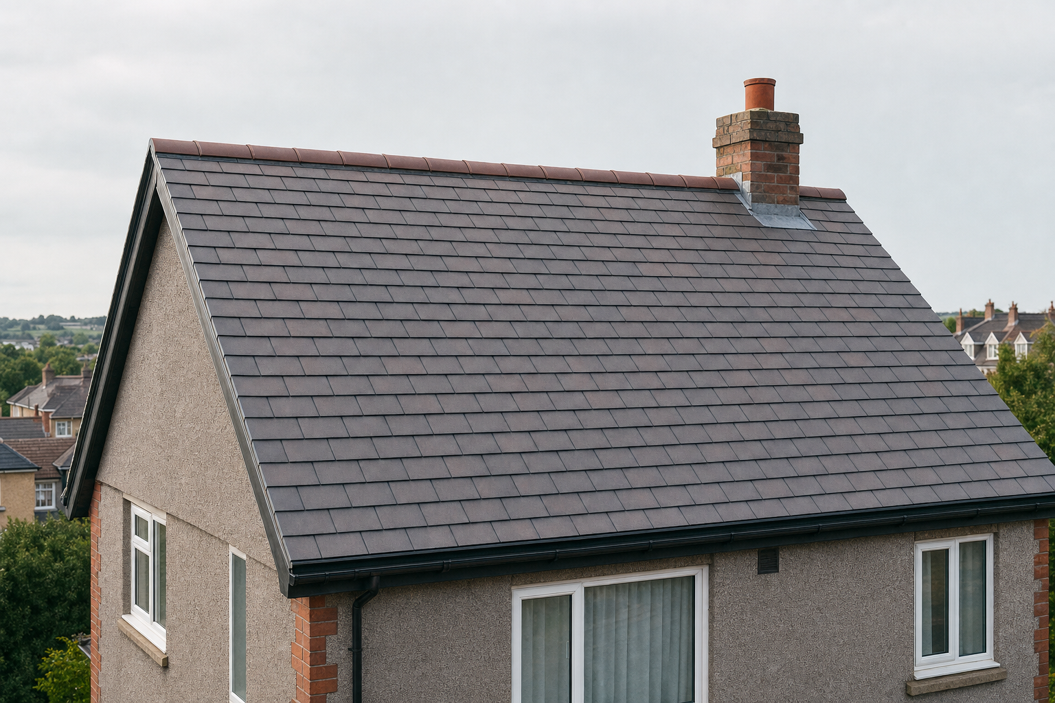The roof of a house with grey tiles and a red brick chimney.