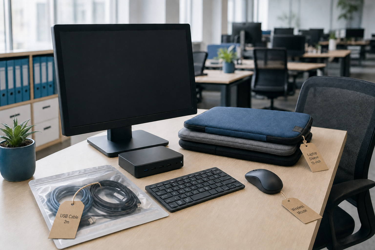 Office workspace with a monitor, keyboard, mouse, and labelled accessories on a wooden desk.