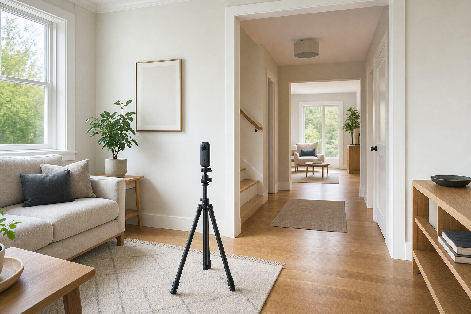 Modern living room featuring a 360-degree camera on a tripod, with neutral tones and greenery.