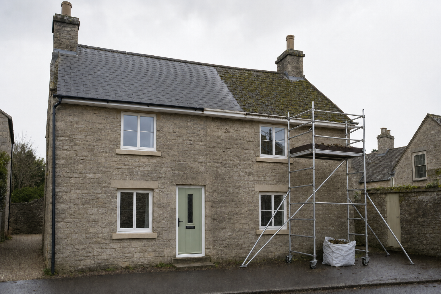 Stone cottage with a mossy roof partially cleaned, scaffolding and equipment on the right side.