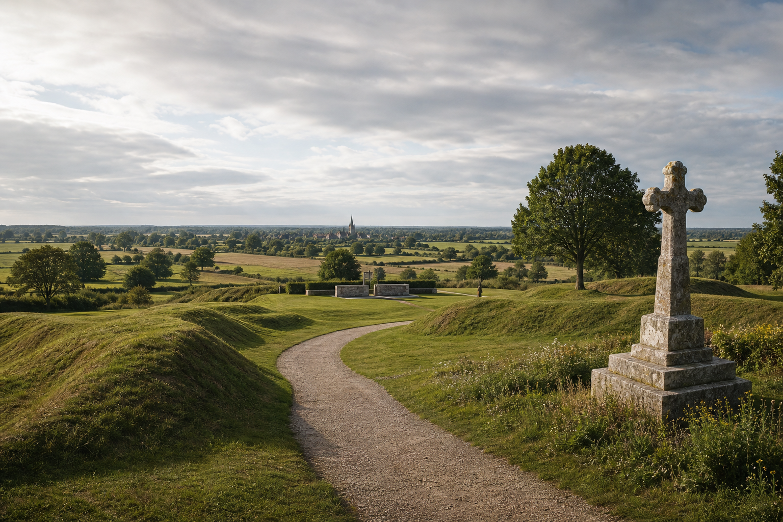 Stone cross on a grassy hill with a winding path leading to distant trees and a church spire under a cloudy sky.