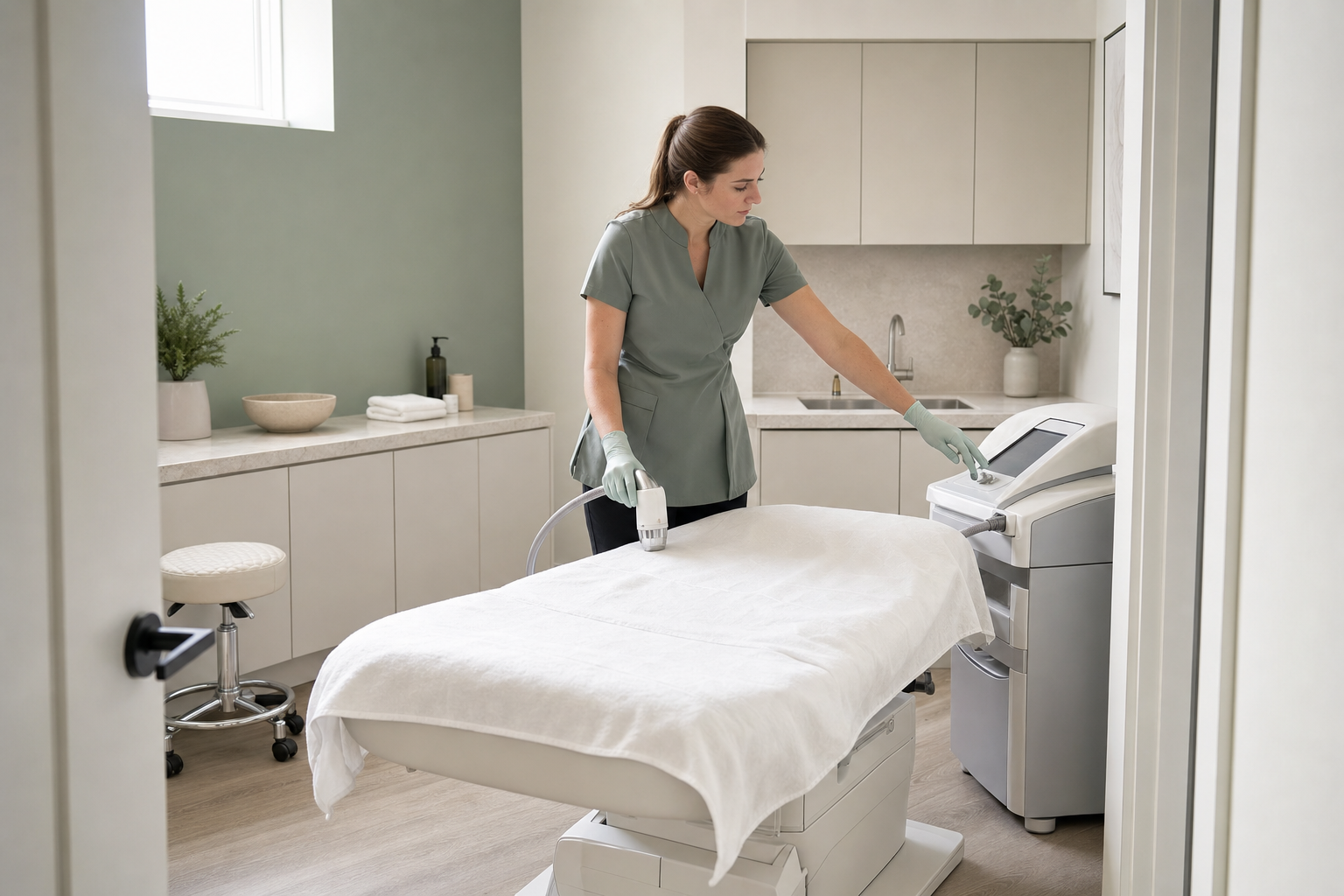A woman in a medical setting operates equipment next to a treatment bed, wearing gloves and a green uniform.