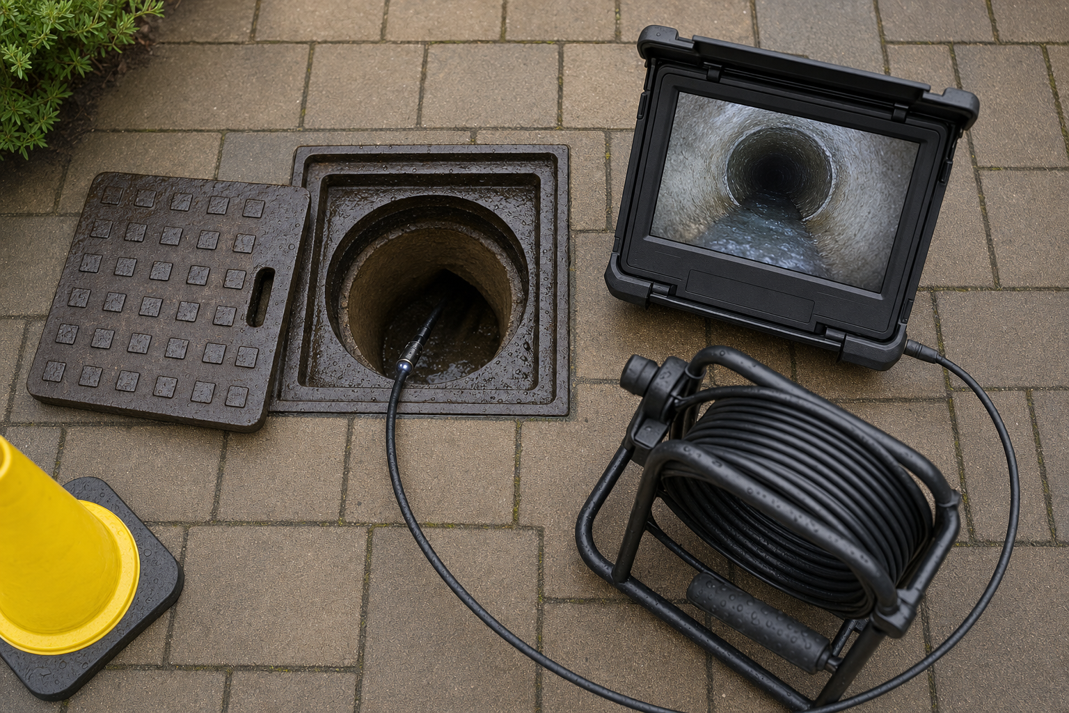 An open manhole with a camera inspection device and monitor displaying the inside of the sewer system.
