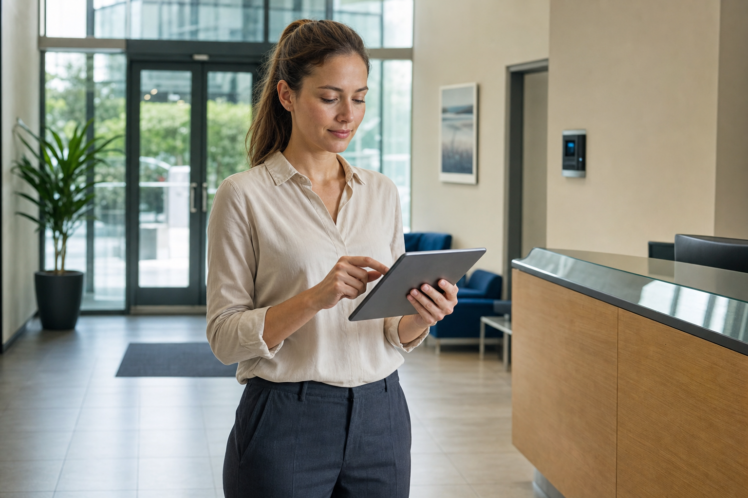 Woman uses a tablet in a modern office lobby with large windows and a reception desk.