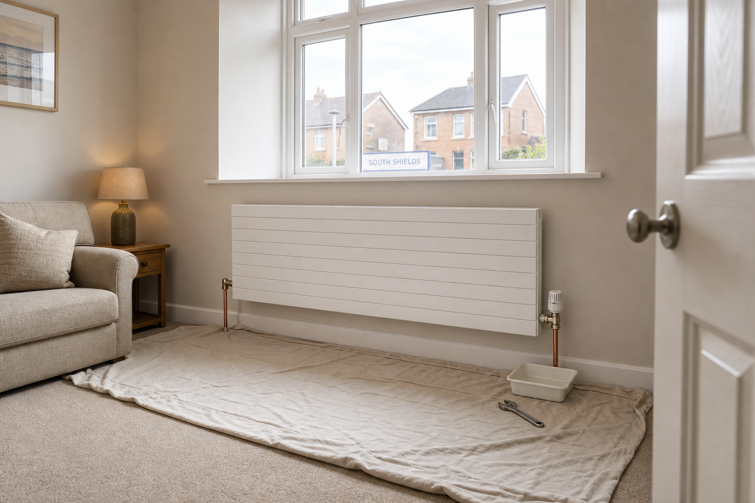 Living room with a modern radiator under a window, a sofa, and a side table with a lamp.