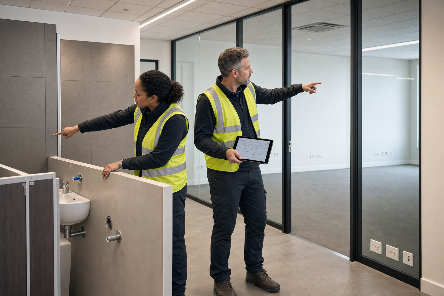 Two construction workers in high-visibility vests discuss interior details while pointing in opposite directions.