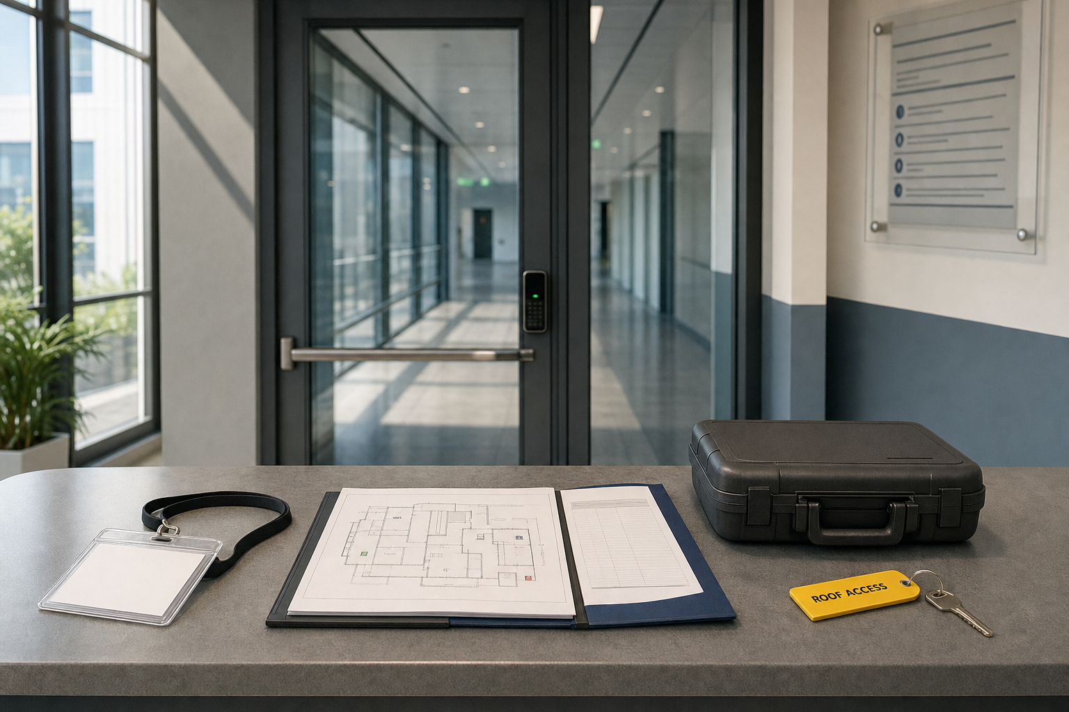 Office desk with a badge, architectural plans, a briefcase, and a key labelled "roof access" in front of a glass door.